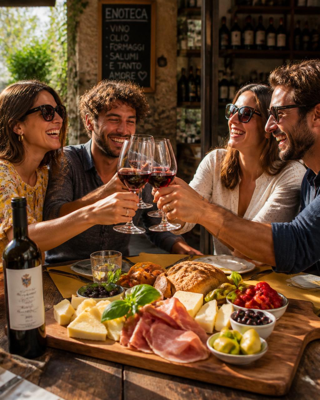 Vrienden proosten met Italiaanse wijn en een charcuterieplank bij Gustomondo